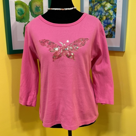 Tops - Pink Sequin Butterfly-Embellished 3/4-Sleeve Women's Top (See Measurements)
